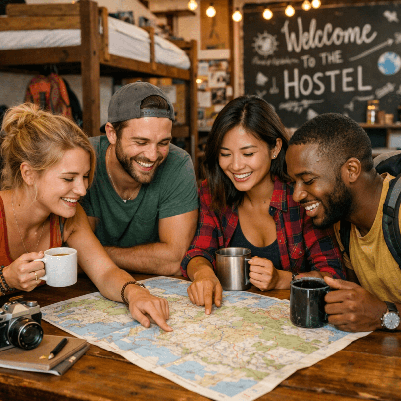 Group of four diverse young adults smiling and pointing at a map while holding mugs in a hostel lounge