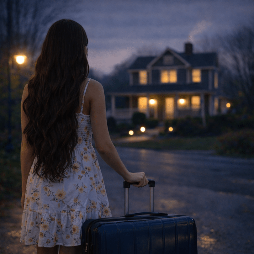 Man holding suitcase standing on street facing a lit house at dusk