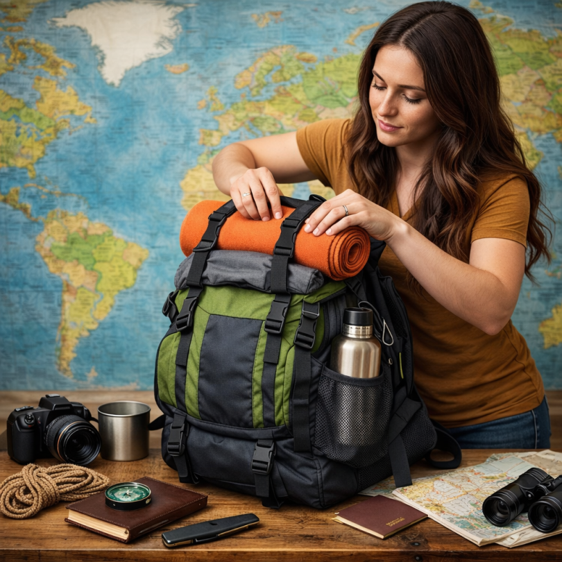 Man packing hiking backpack with camping equipment and travel gear