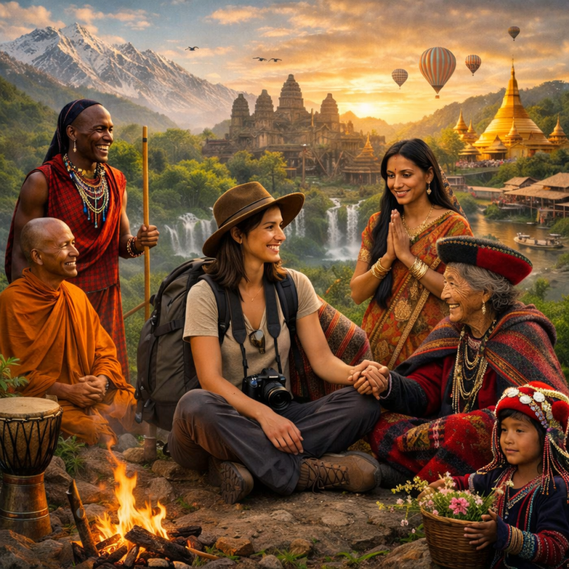 Traveler sitting by a campfire with diverse ethnic people wearing traditional clothing near waterfalls and temples.