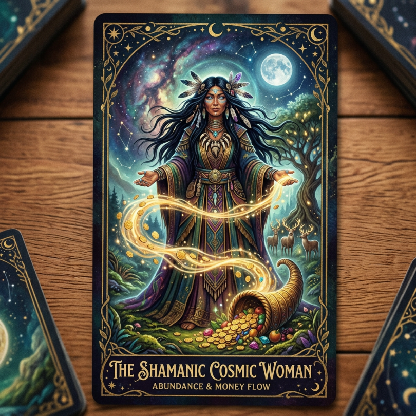 Mystic shamanic cosmic woman tarot card abundance money flow