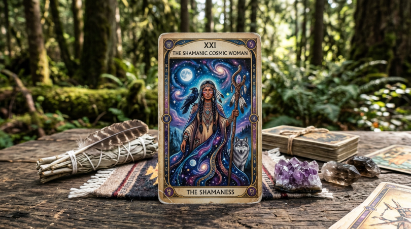 Tarot card titled The Shamanic Cosmic Woman featuring a woman with a staff, wolf, and cosmic background