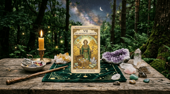 Tarot card 'The Empress' surrounded by crystals, candle, and herbs on wooden table