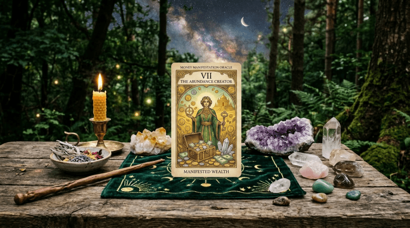 Tarot card 'The Empress' surrounded by crystals, candle, and herbs on wooden table