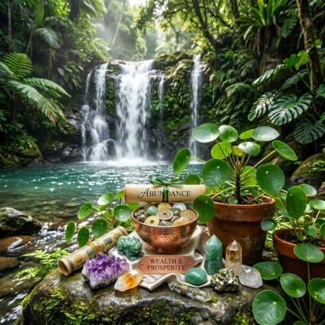 Tarot card 'Abundance' with crystals and potted plants on a rock by a waterfall