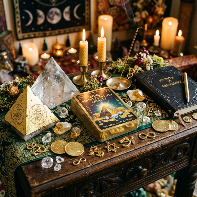 Money manifestation oracle with pyramids, diamonds, symbols