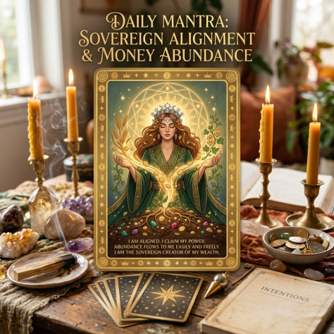 Tarot card titled Daily Mantra: Sovereign Alignment & Money Abundance with a woman meditating and gold symbols