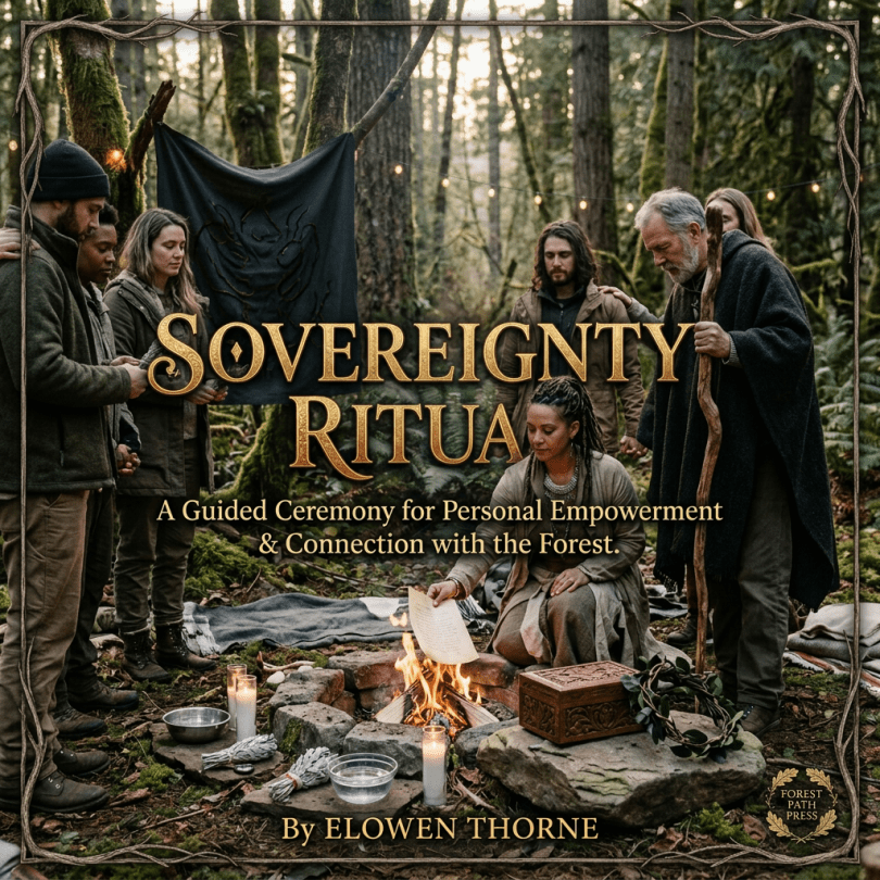 Group of people standing and kneeling around a fire pit in a forest, one woman placing a paper into the fire