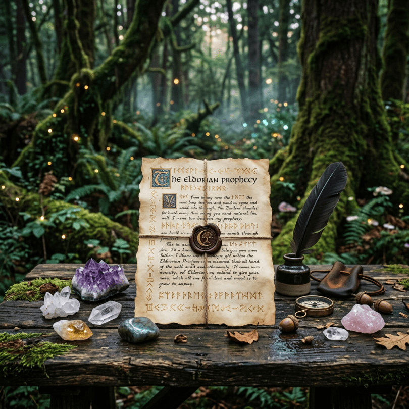 Ancient prophecy scroll with crystals, feather quill, compass, and magical forest background