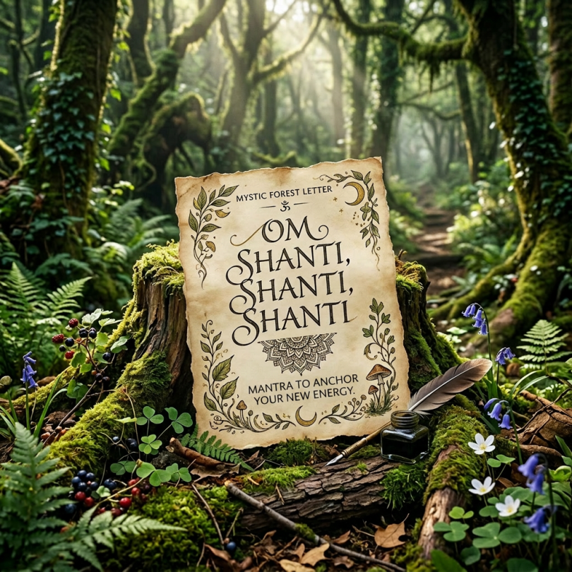 A vintage letter in a mossy forest with text invoking peace and calm