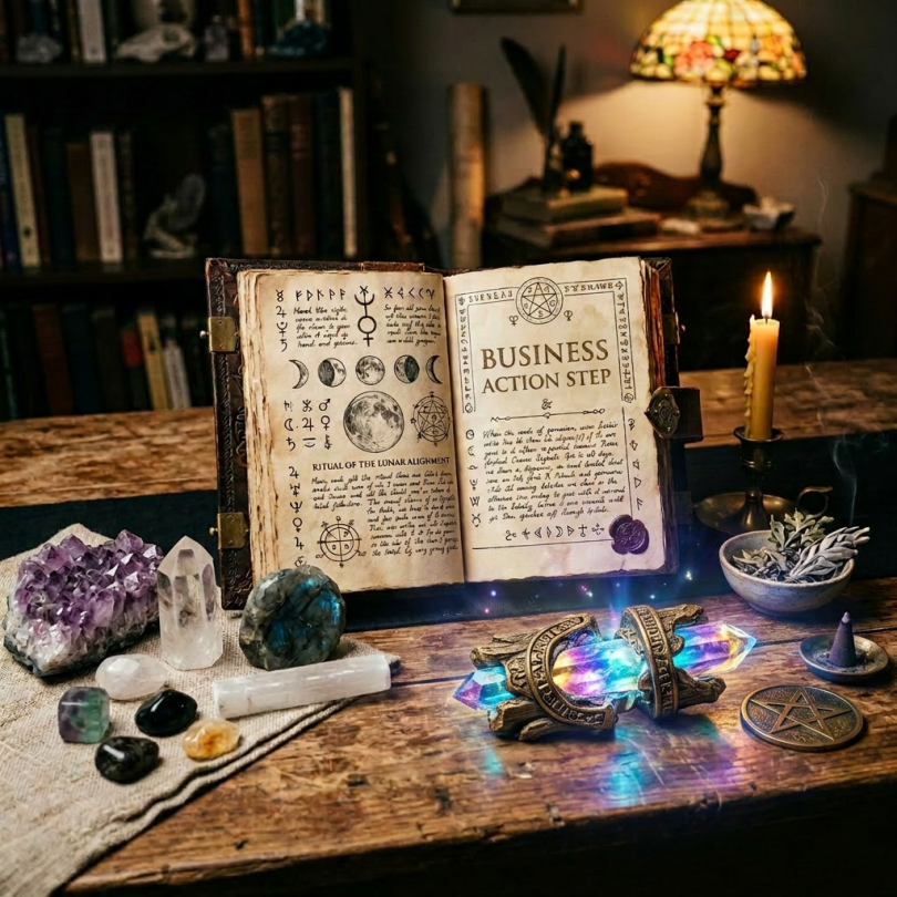 Open ancient book titled Mystical Rituals with crystals, candle, knife, and ritual items on wooden table